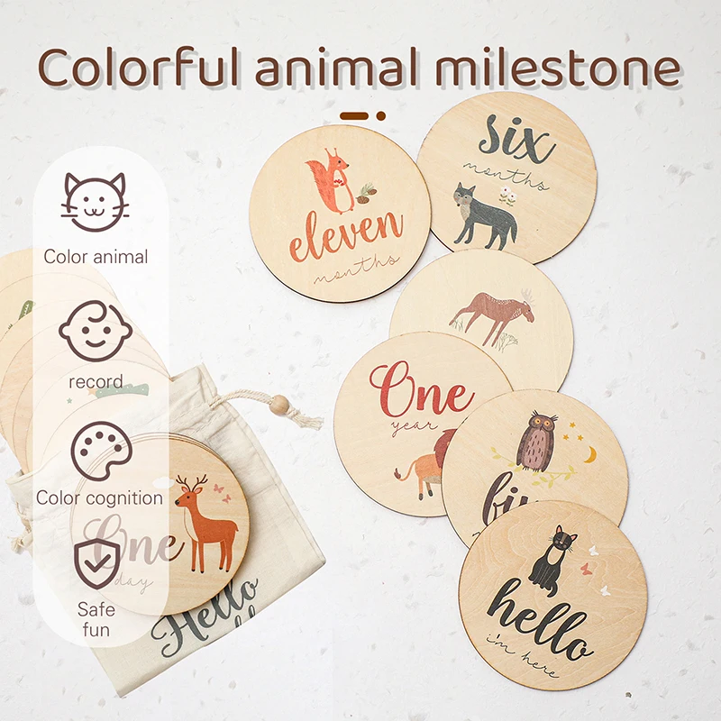 17pc Wooden Baby Month Milestone Cards Animal Printed Commemorative Card Birthday Photography Props Toy for Newborn Shower Gifts