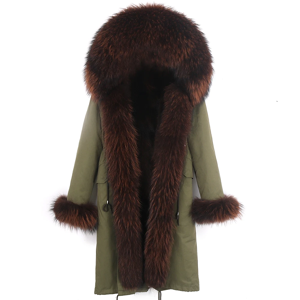 X-Long Streetwear Winter Women Natural Fur Jacket Real Fox Fur Coat Thick Warm Parka Raccoon Fur Lining Outerwear Detachable