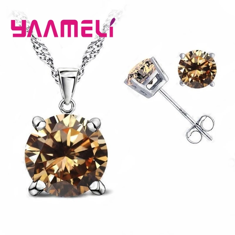 Classic Jewelry 4 Claws Cubic Zirconia Good Quality 925 Sterling Silver Jewelry Sets Stud Earring Pendant Necklace 8 Colors