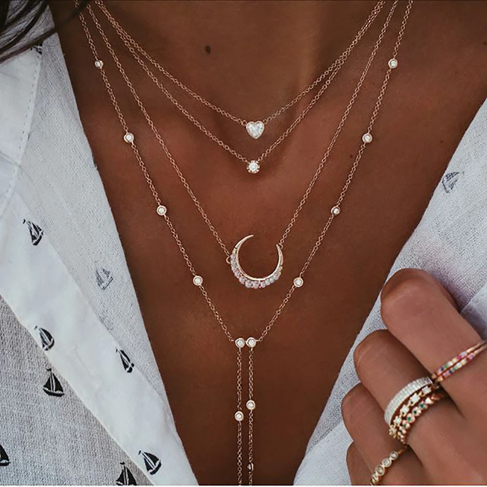 Neue Vintage Kristall Geometrie Stern Mond Schloss Halskette Für Frauen 2020 Boho Multi-level Anhänger Halsketten Colliers Schmuck geschenk – Detail 6