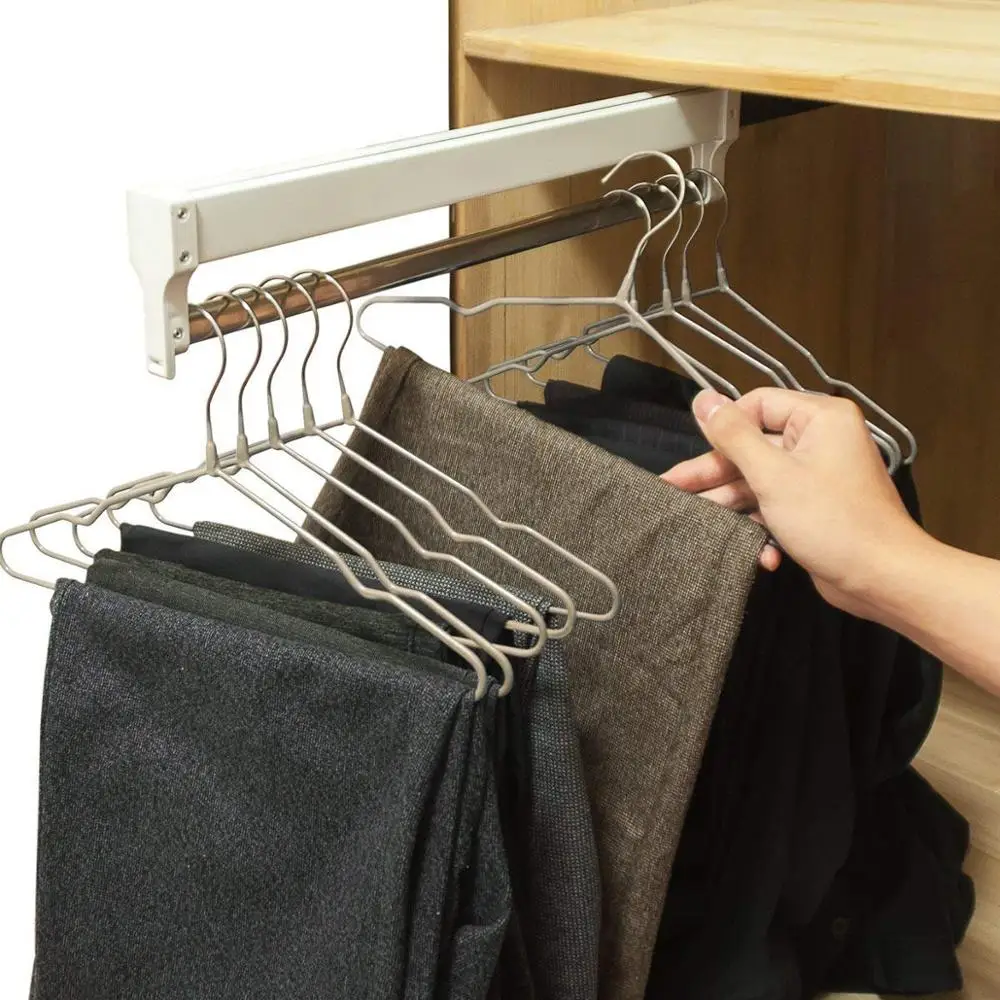 Heavy Duty Pull-Out Closet Valet Rod Adjustable Wardrobe Clothing Rail Top Mount Wardrobe Hanger Rack Bar Ball Bearing Slide