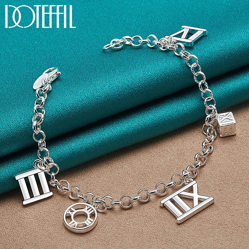 

DOTEFFIL 925 Sterling Silver 18K Gold Five Roman Numeral Pendant Bracelet For Women Charm Wedding Engagement Party Jewelry