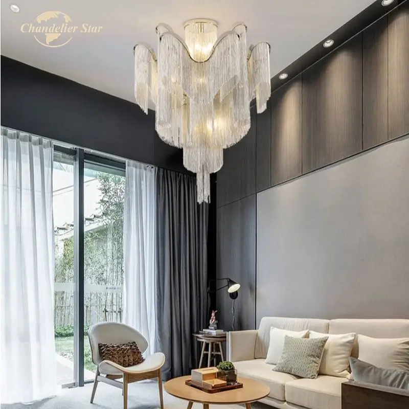 Modern LED Chandeliers Luxury Gold Silver Tassel Aluminum Chain Metal Lamps Lustre Home Decor Bedroom Living Room Lights Fixture