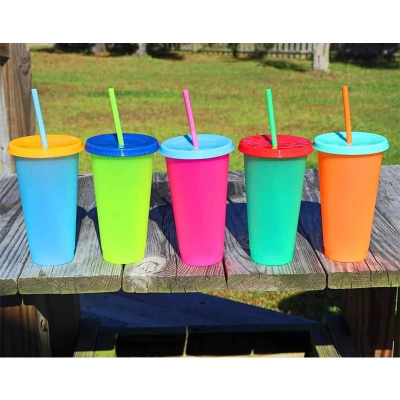 Reusable Magic Color Changing Water Bottle With Lid And Straw Temperature Discoloration Water Cup Coffee Straw Cup Drink Ware