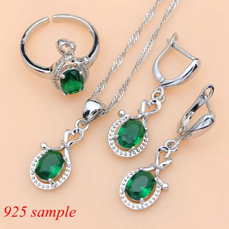 Real Silver 925 Jewelry Sets for Women Green Emerald Birthstone Simple Office Long Earrings Bracelet Necklace Set Gift for Her