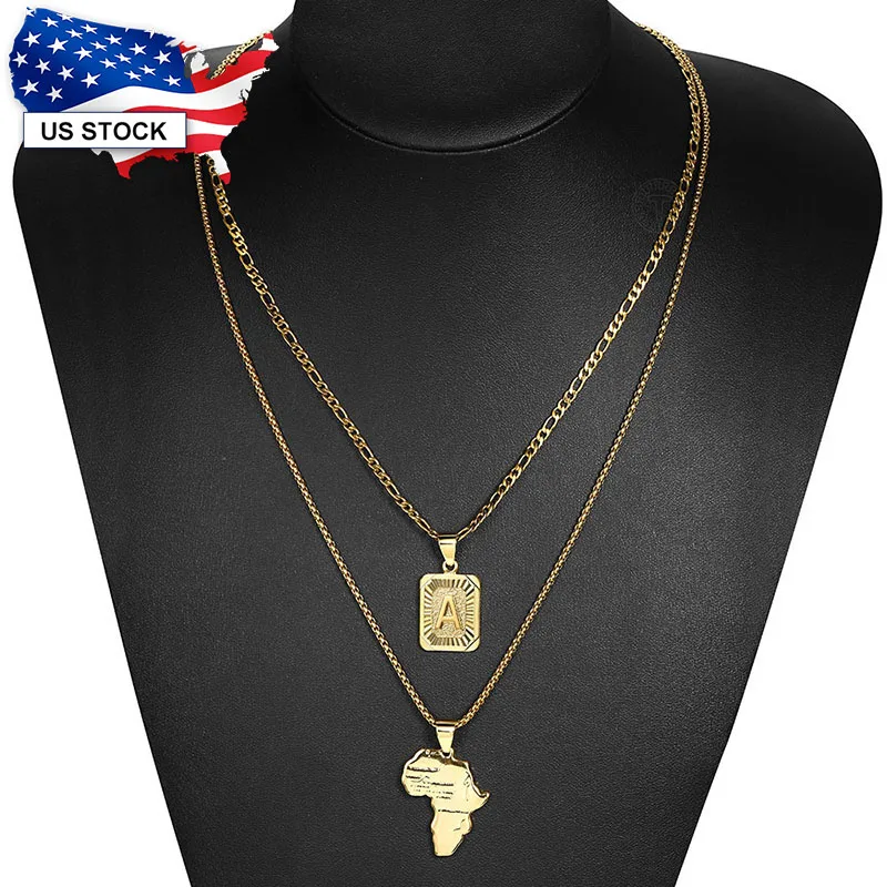 Womens Mens 2pcs/Set Letter Africa Map Pendant Necklace Stainless Steel Figaro Box Link Chain Layered Necklace LGP62B1GP56