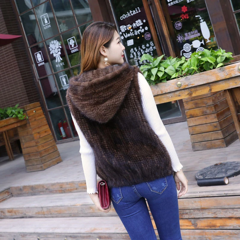 Genuine Mink fur knitted hooded vest slim mink hair knitted vest female Fashion Mink knit vest