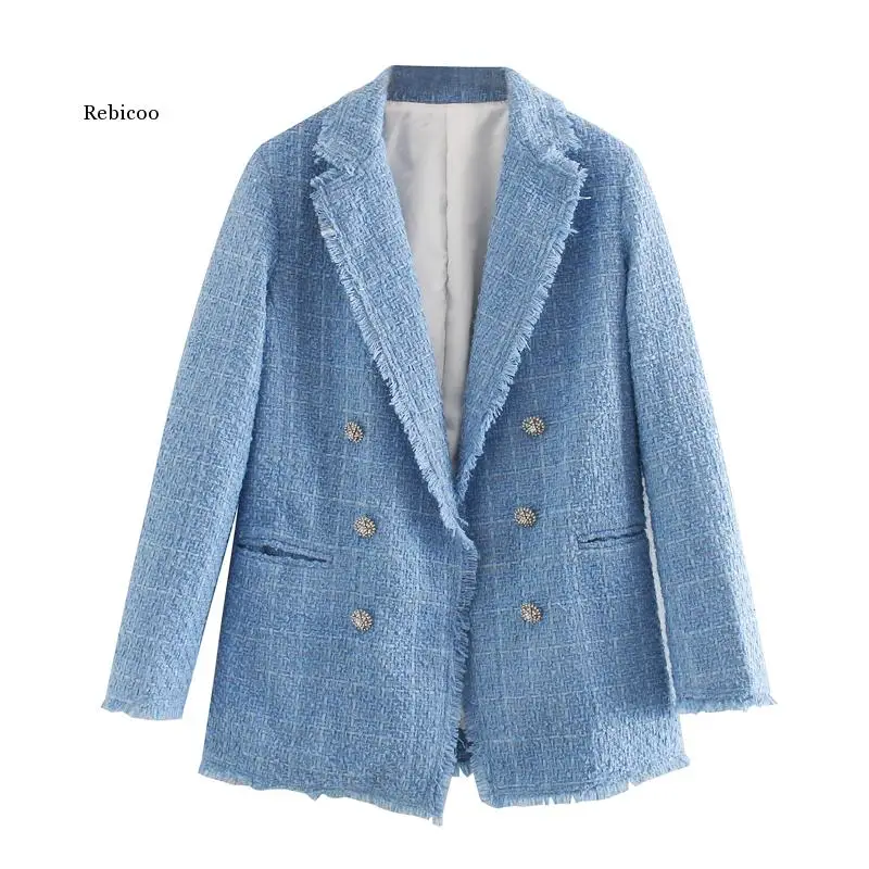 

Blue twill tweed jacket vintage lattice women suit jackets ladies asymmetrical double breasted coat