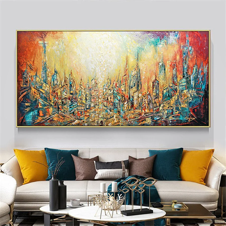 

Monet 100% Hand-Painted Abstract Oil Paintings Future City New York City Canvas Painting Advanced Design Living Room Decoration