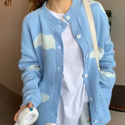 Knitted Female Cardigan Cute Print Clouds O Neck Loose Casual Lady Long Sleeve Knitted Cardigan Women Jacket  Blue White