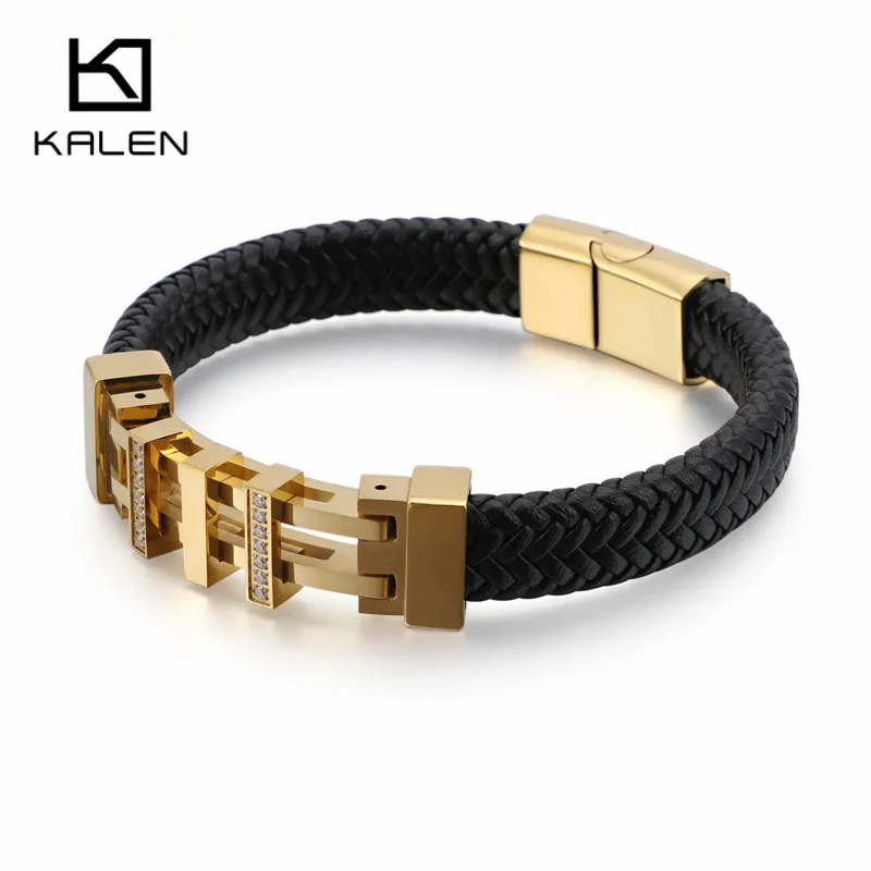 

KALEN Stainless Steel Geometric Charm Bracelet Men 21cm Vintage Leather Wrap Bracelets Male Jewelry Accessories