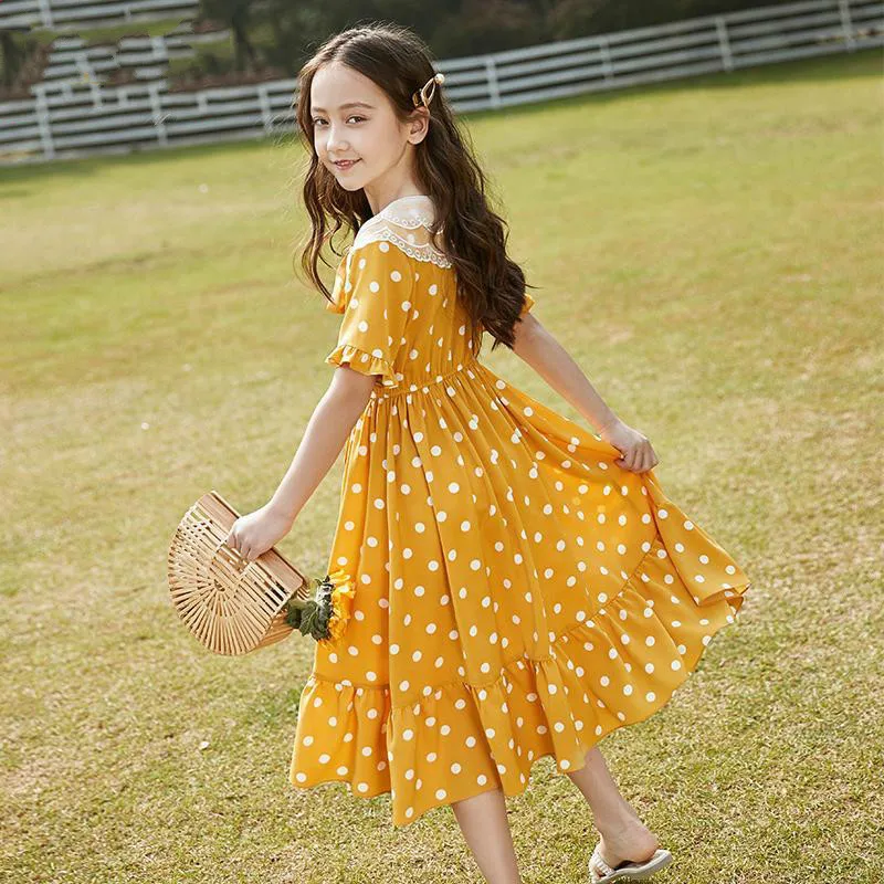 

Kids Dresses For Girls Clothing New Polka Dot Print Short Sleeve Casual Doll Collar Girl's Dress Children Princess Vestidos W279