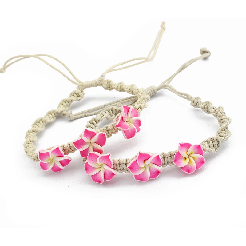 1pcs 8 Colors Pick Pink Purple Blue Plumeria Flower Friendship Handmade Braided Cord Bracelets Surf Fashion Jewelry