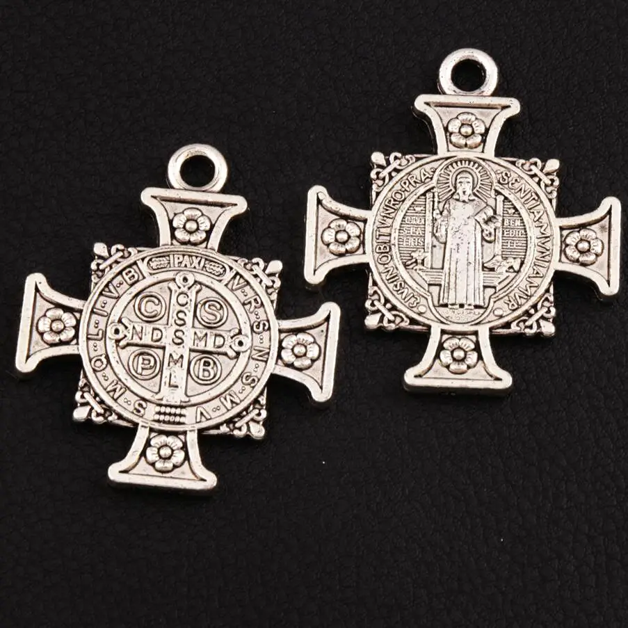 3pcs Quis Et Dues Saint Michael Cross Medal Zinc Alloy Charm Pendants L1729 40.2x34.2mm Tibetan Silver