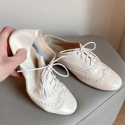 MEZEREON Womens White Shoes Soft Cow Leather Round Toe Flats Simple Design Classic Style Comfortable Footwear Lace-Up