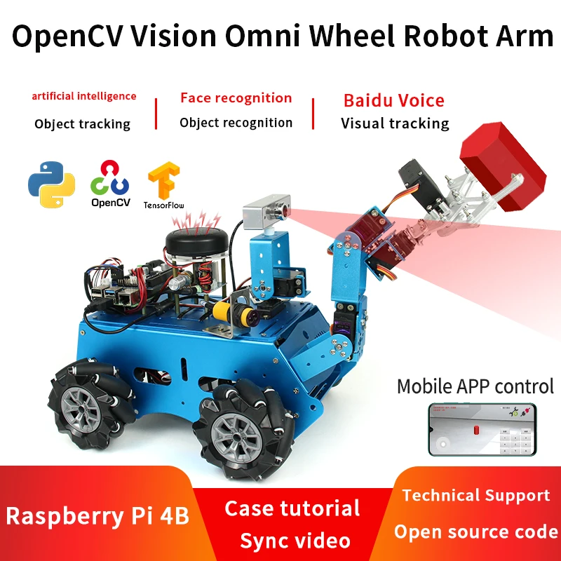 Raspberry Pi 4b Mecanum Robotic Arm Trolley Visual Tracking TensorFlow Deep Learning OpenCV