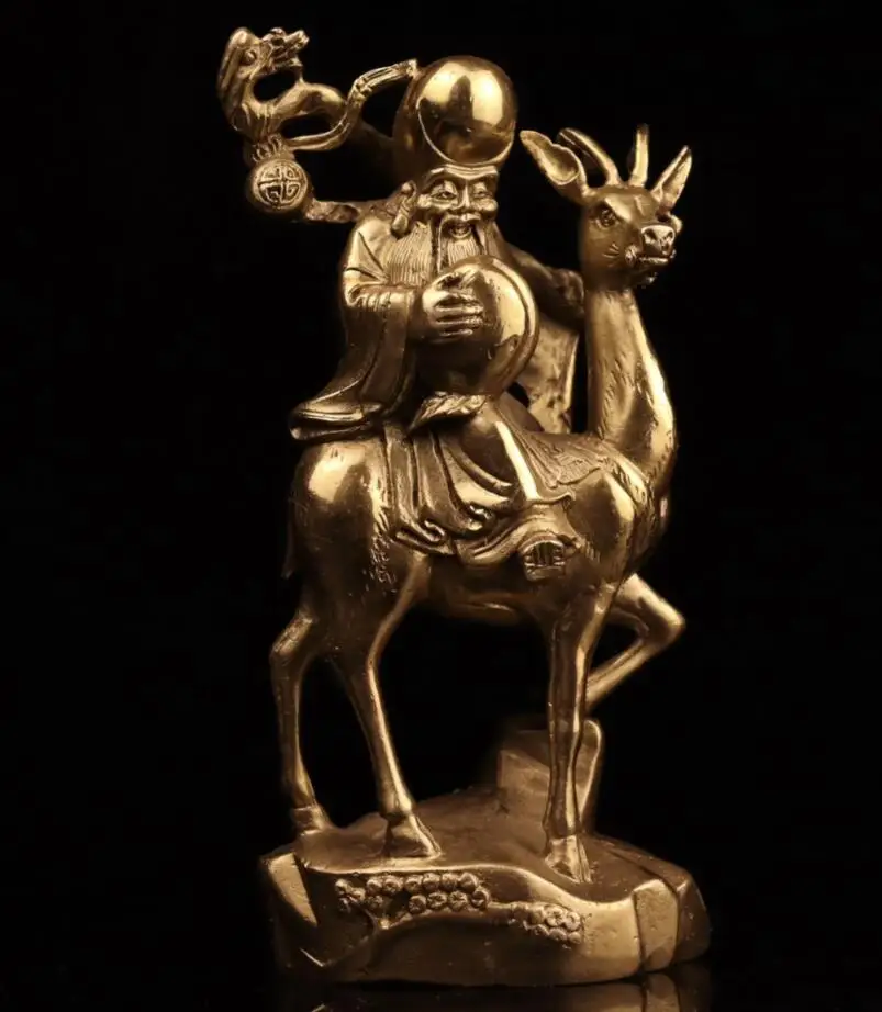 

China brass longevity Buddha Ride deer crafts statue