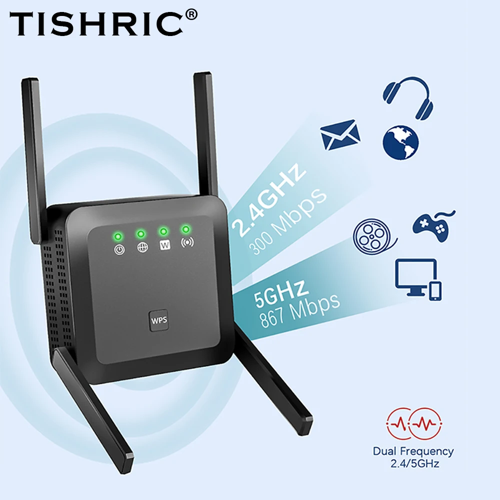 Tishric gigabit roteador repetidor wi-fi roteador wifi impulsionador amplificador de sinal extensor longa distância repetidor sem fio wifi