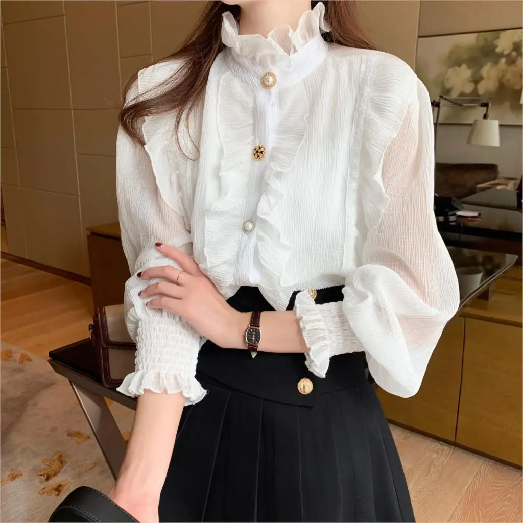 French Palace High Neck Blouse Women Victorian Palace Tuxedo Shirts Top Ruffle Royal Stand Collar Chiffon Flounce Lolita Blusas