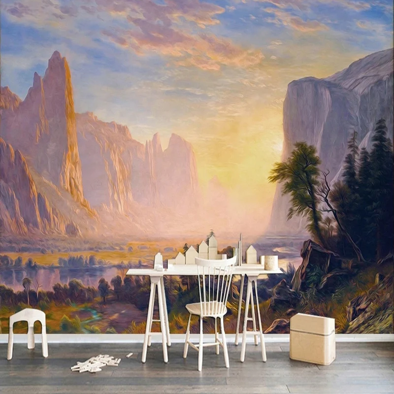 Sunset At The Forest Waterfall Mural Wallpaper European Style Photo Landscape Oil Painting Hotel Background Wall Papel De Parede