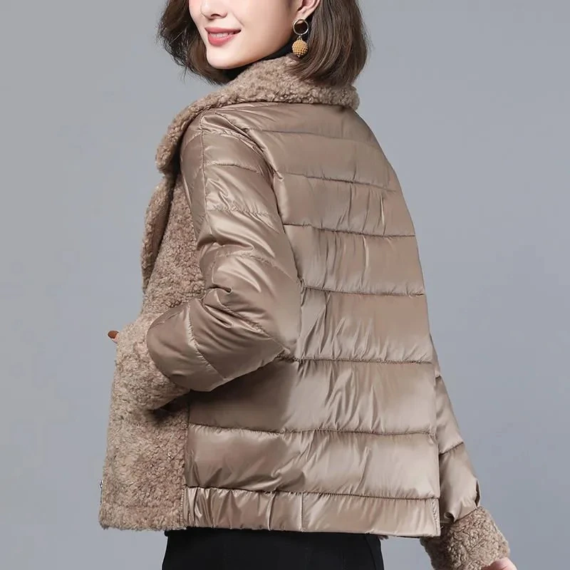 Chaqueta corta de lana de cordero para mujer, Parkas acolchadas con cremallera, abrigo grueso y cálido, ropa elegante de invierno