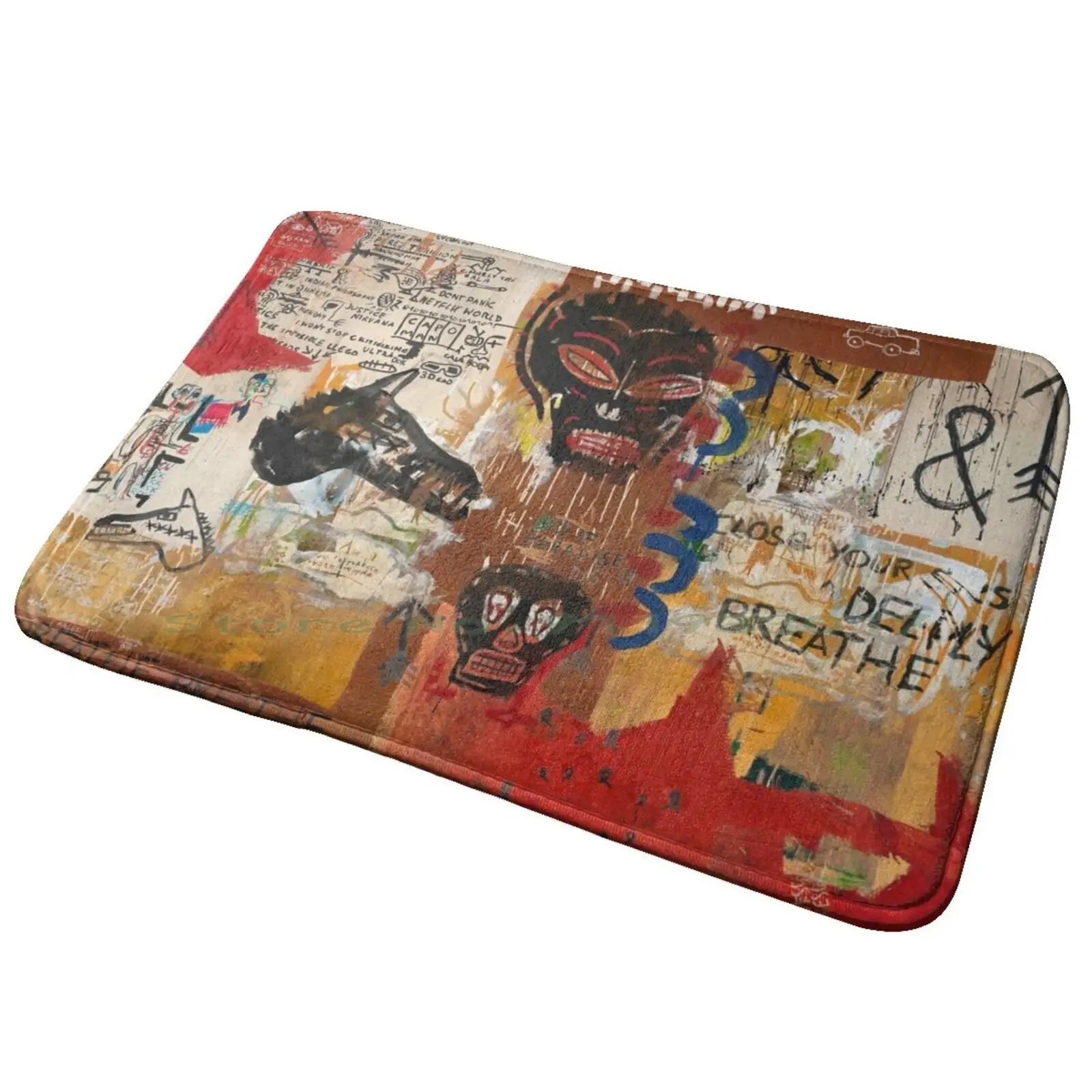 Kaos Red Entrance Door Mat Bath Mat Rug Jean Michel Samo Jean Michel Basquita Neo Expressionism Pop Art Faces Horse Anti-Slip