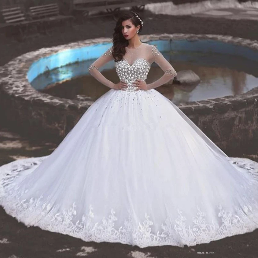 

Luxury Princess Ball Gown Wedding Dresses For Bride Illusion Tulle O Neck Long Sleeves Bridal Gowns Customized Robe De Mariee