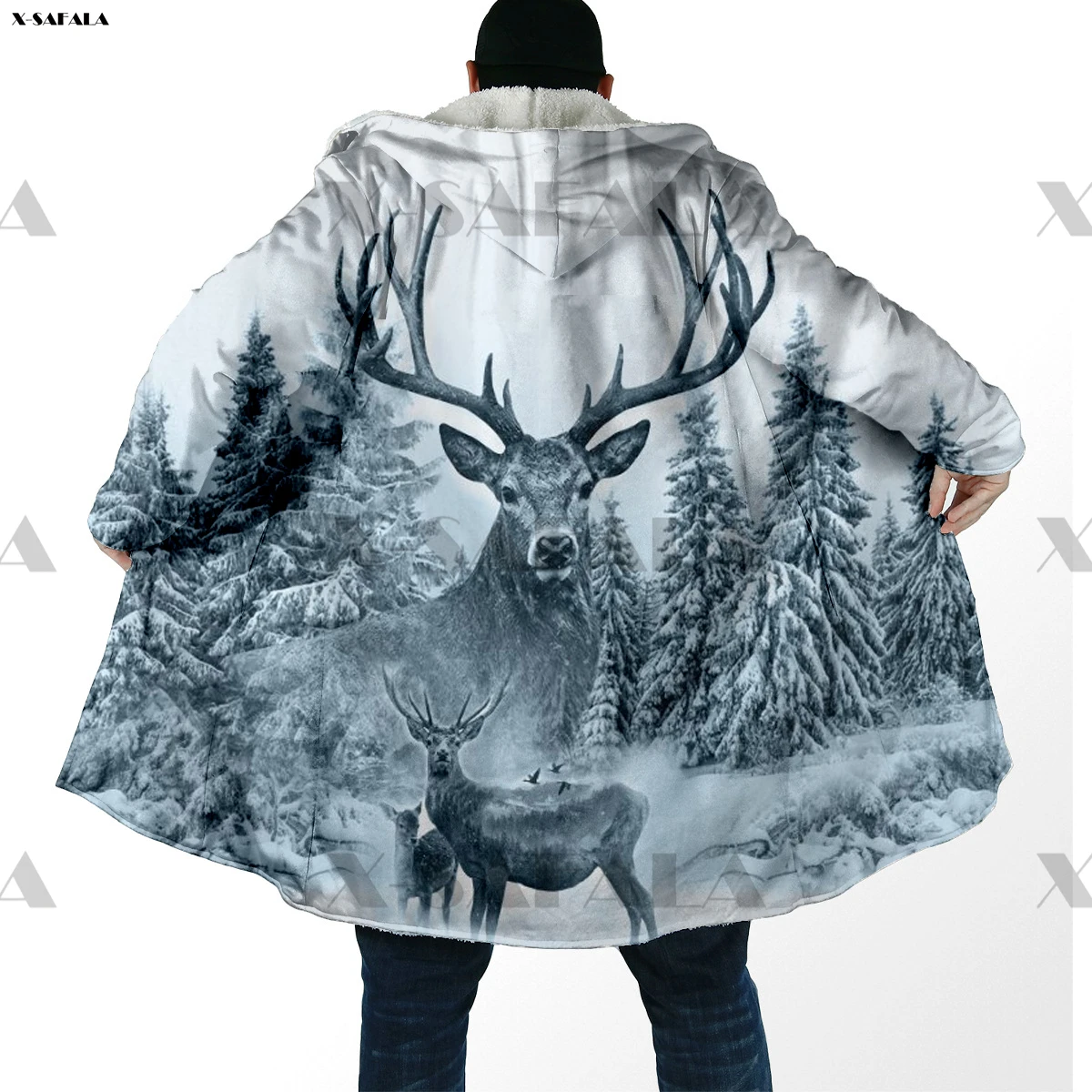 Russia Deer Huting Snow Winter Print Hoodie Long Fur Collar Hooded Blanket Cloak Quilted Winter Warm Cotton Cashmere Fleece