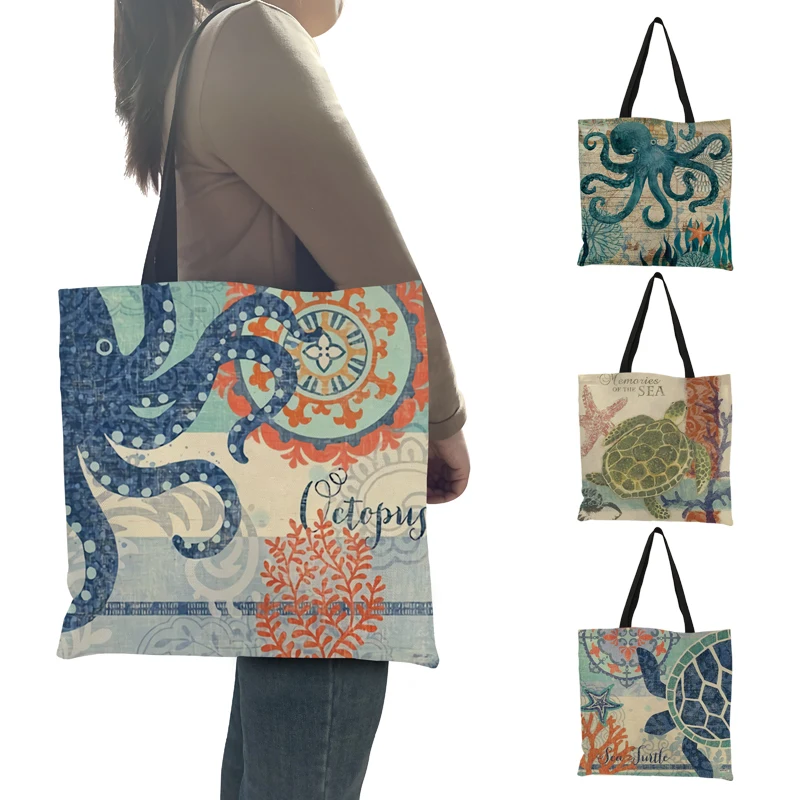 Classic Retro Marine Animal Sea Turtle Horse Octopus Print Large Tote Leisure Shoulder Women's Handbags Shopping Bags Foldable