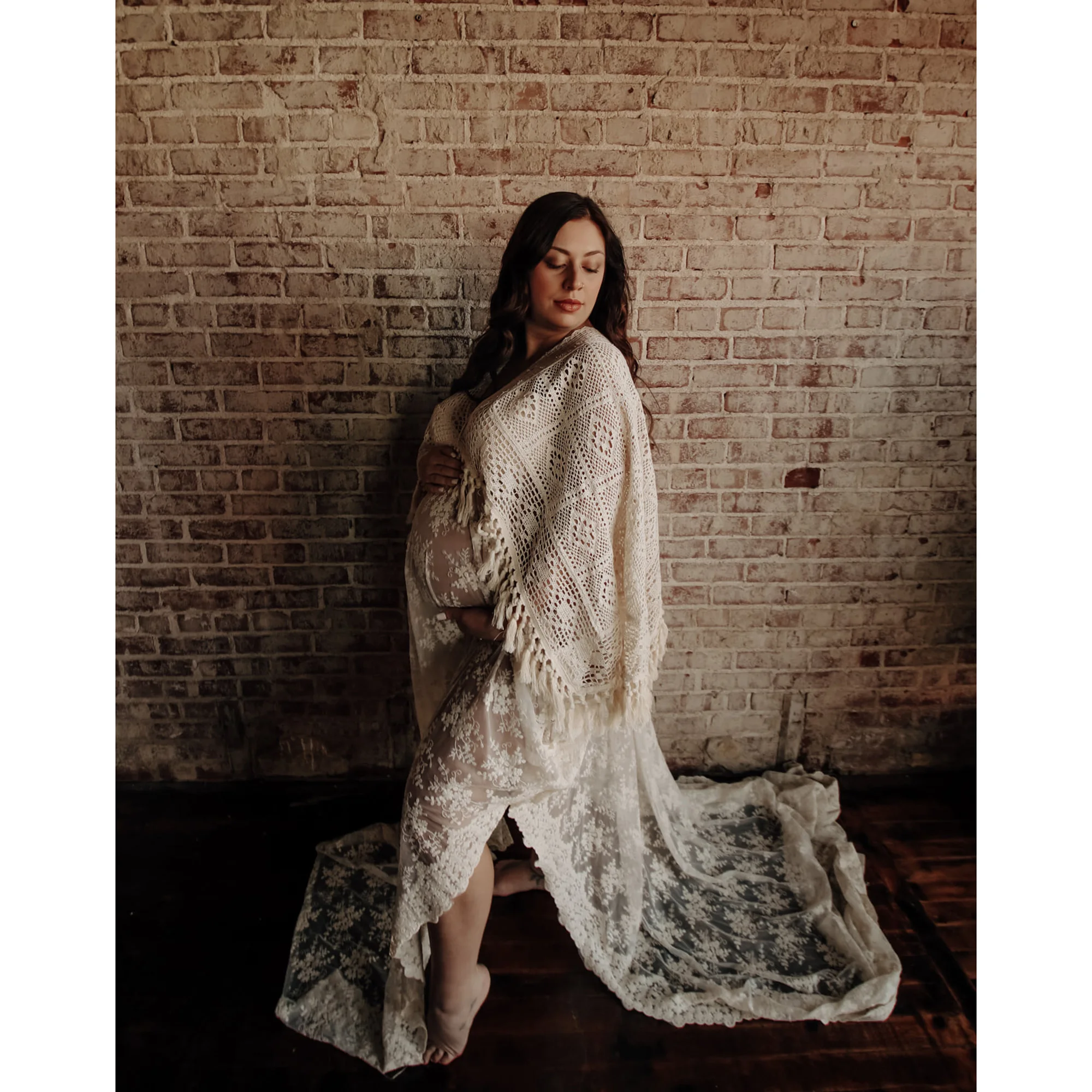 Beige Cotton Bohemian Long Bell Sleeves Maternity Dress Pregnant Gown Lace Robe for Woman Photography Prop Baby Shower Costume