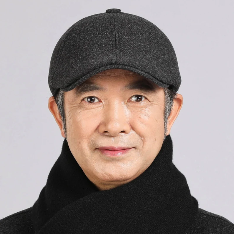 Berets Autumn Winter Hat Men Wool Beret Cap Male Thick Warm Ivy Octagonal Newsboy Flat Cap Father Dad Hat with Ear Flaps