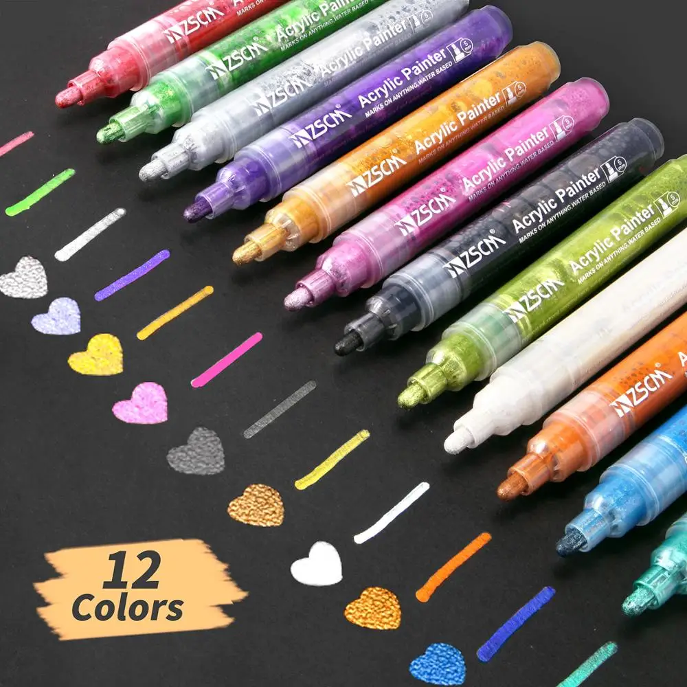 12 Colors Acrylic Paint Marker Pen Metallic White Marker for Ceramic Rock Glass Mug Wood Fabric Canvas Halloween Card Painting