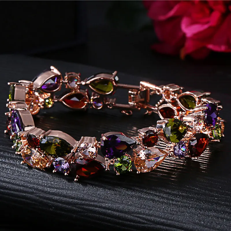 HUAMI Rose Gold Bracelet for Women Bangle Fine Jewelry Charms Colorful Shine Zircon Ins Hot Sale Luxury Bracelet Pulseras Mujer