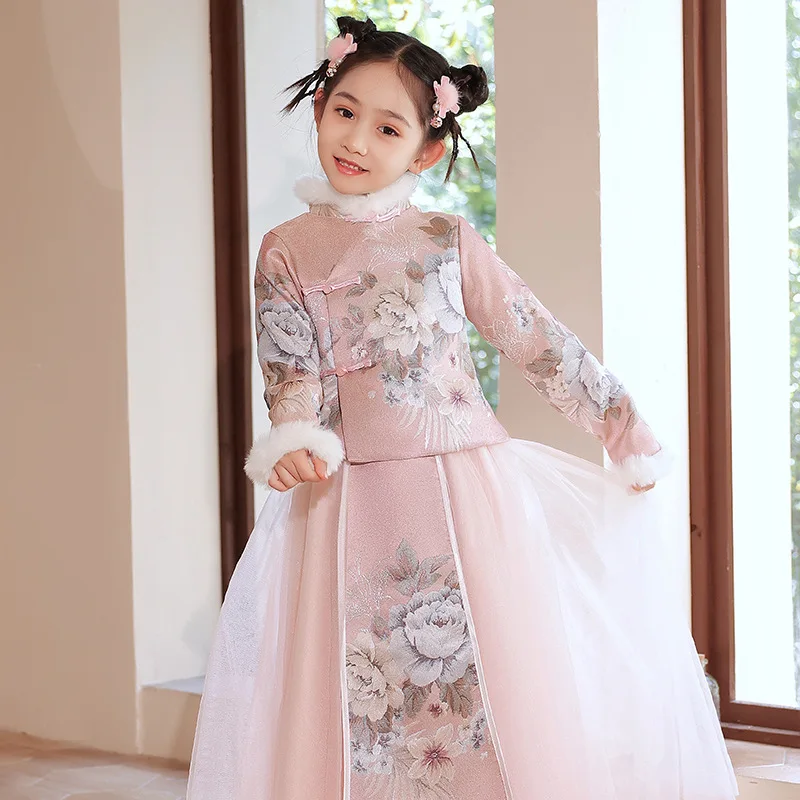 Traje Hanfu grueso de estilo chino para niñas, Vestido de princesa de felicitación de Año Nuevo, Cheongsam para fiesta y actuación de noche, Invierno