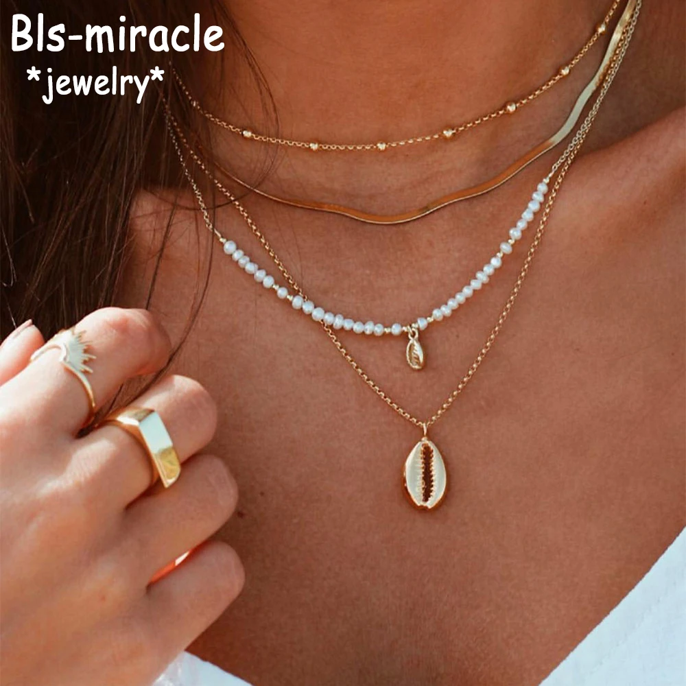 Boho Fashion Wisiorek Naszyjniki Dla Kobiet Vintage Złoty Kolor Faux Pearl Snake Chain Shell Naszyjnik Wielowarstwowa Biżuteria Damska Prezent