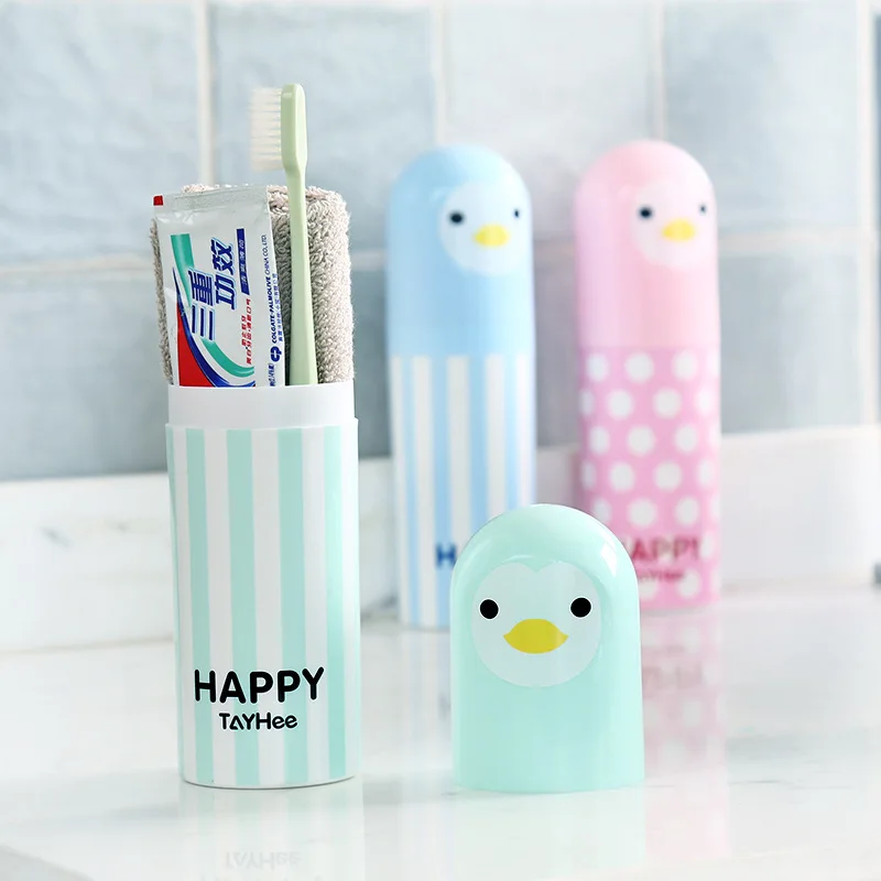 1pc Cute Penguin Plastic Cartoon Toothbrush Box Portable Travel Toothbrush Holder Sanitary Ware Suit Toothpaste Storage Box