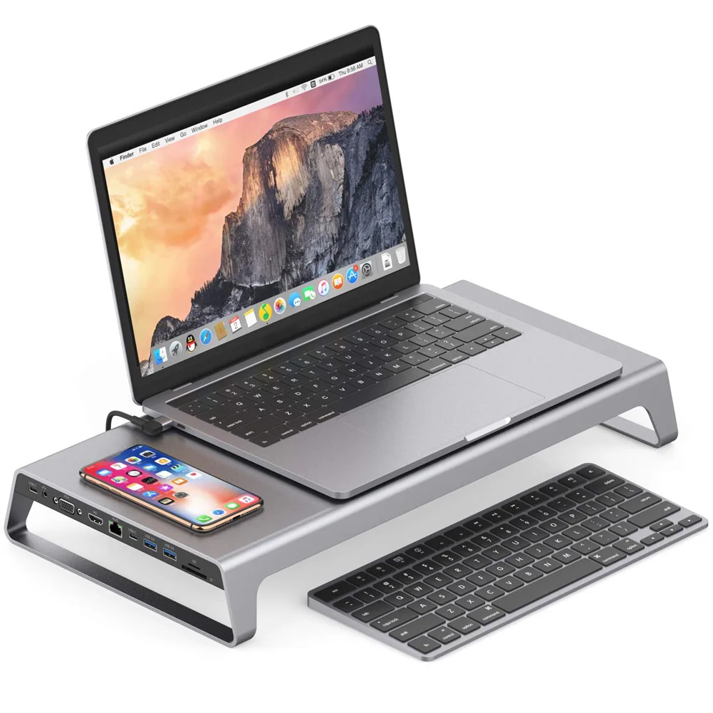 Imagem -03 - Alumínio Monitor Stand Docking Station Usb c Hub 4k Hdmi Vga tf Card Carga sem Fio Laptop Office Game