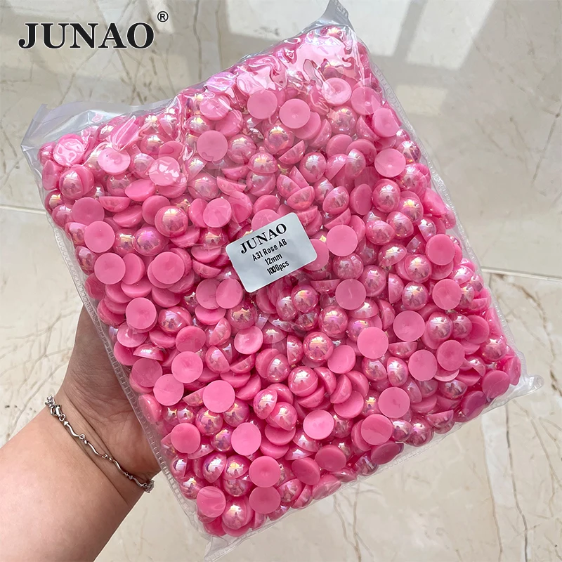 JUNAO 2 4 6 8 10 12 14mm Purple AB Flatback Pearl Half Round Rhinestones Beads Bulk Plastic Gems Pearl For Sticker DIY Crafts