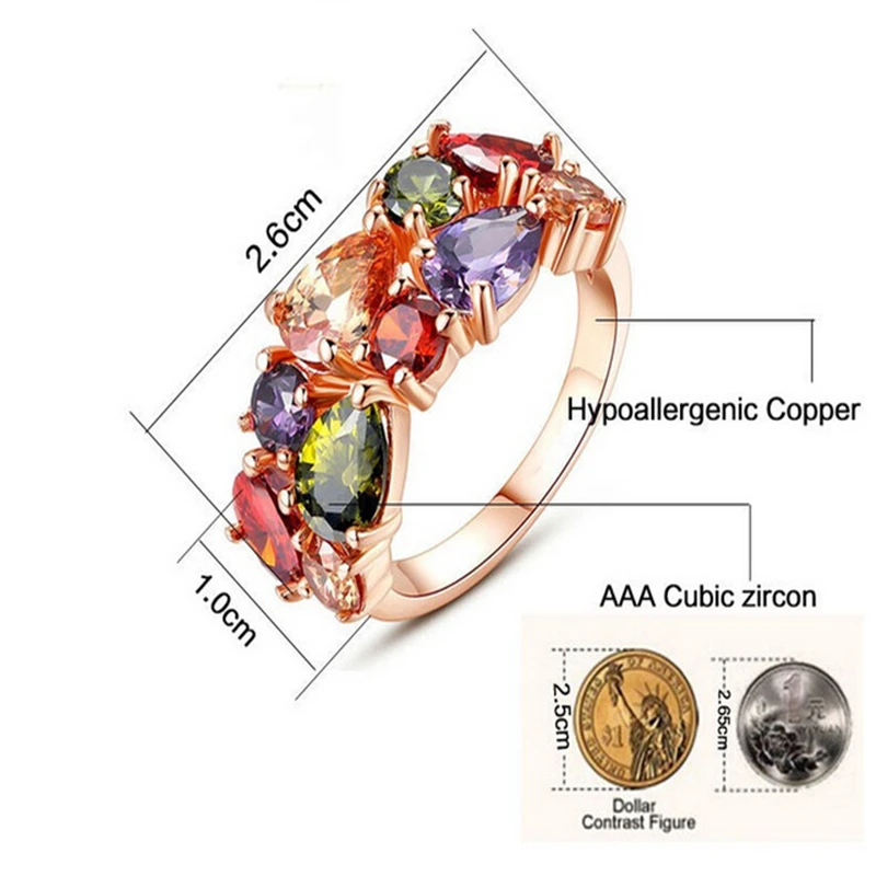 European and American Fashion Colored Crystal Zircon Ring Women\'s Rose Gold Ring Gift Party Luxury Fashion Jewelry