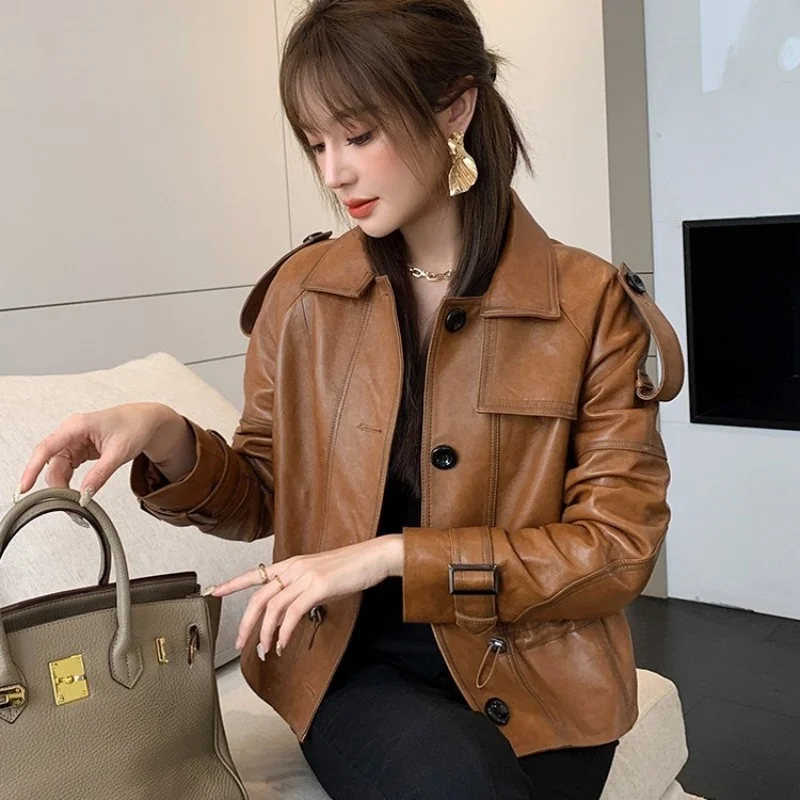 

Ladies Office Sheepskin Genuine Leather Jacket Women Slim Fit Autumn Single Breasted Leather Coat Lapel Colllar Biker Outerwear