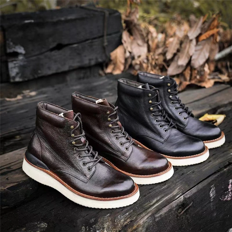 New Handmade Men Vintage British Ankle Boots Autumn Winter Cow Leather Shoes Goodyear Round Toe Tooling Desert Motorcycle Boots