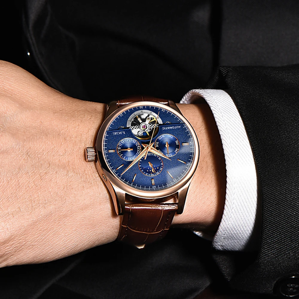 LIGE 6826 Plus Marke Klassische Männer Retro Uhren Automatische Mechanische Uhr Tourbillon Uhr Echtem Leder Wasserdicht Armbanduhr