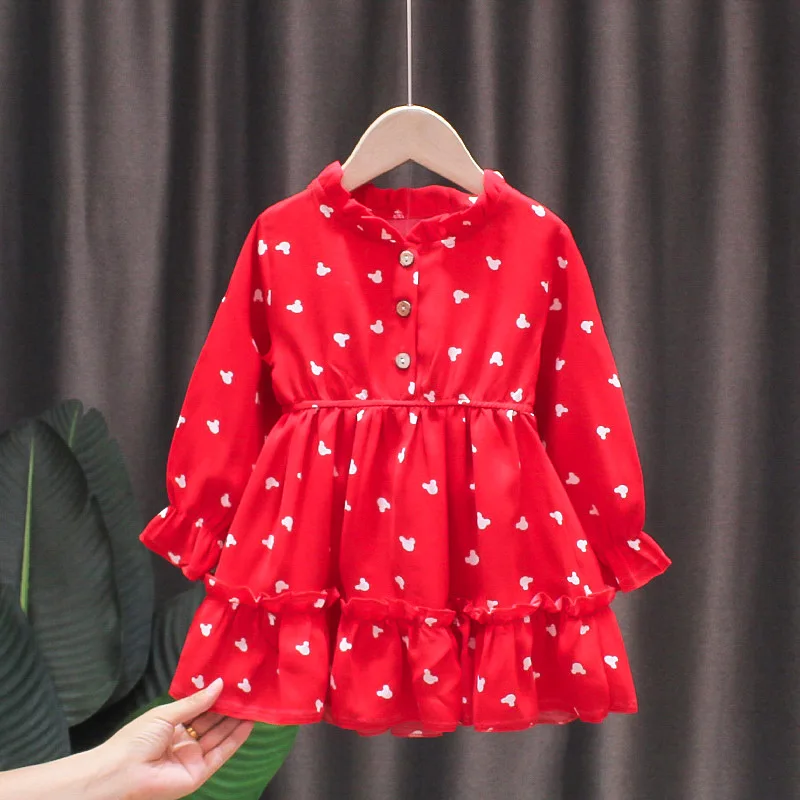 1-8Y Girls Red Dress Autumn New Baby Girl Long-sleeved Dress Princess Dress Spring Children Floral Chiffon Kids Dresses Clothes