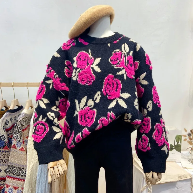 Vintage Floral Sweater Women Autumn Winter Long Sleeve O Neck Knitted Sweaters Streetwear Elegant Korean Pullover Pull Femme