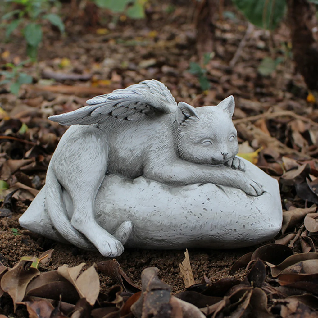 Angel Cat with Garden Statue, Sleeping Kitten Decorative Memorial Gift, Home Outdoor Yard Lawn Figurine Home Decor