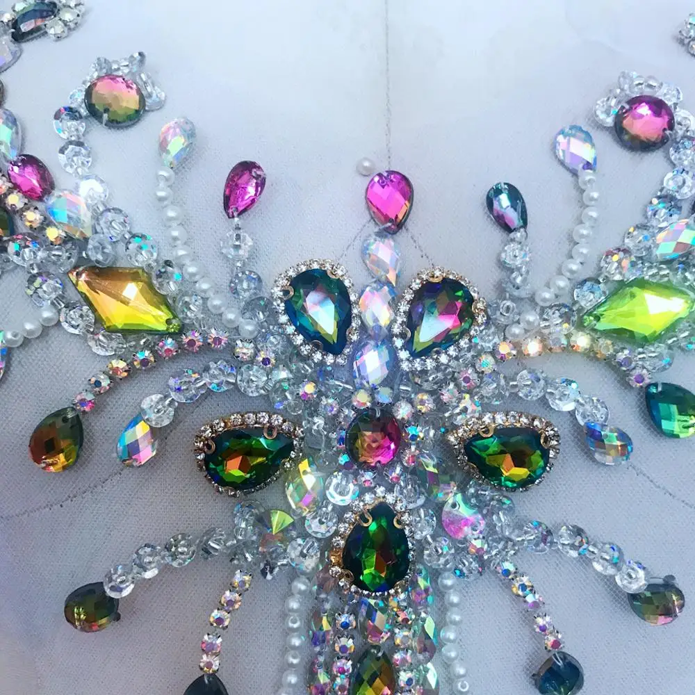 Handmade multicolored rhinestones applique sew on trim patches for dress accessory