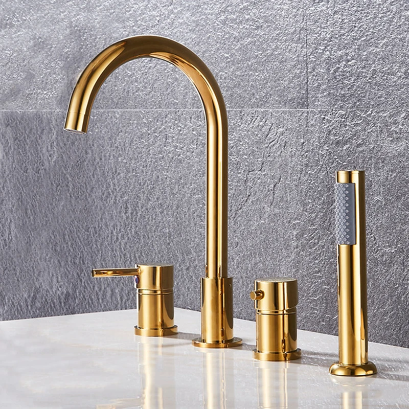 

Bathtub Faucets Mixer 4 Pcs Basin Faucet Tub Sink Taps Gold Brass Hot and Cold Water Bathroom Shower Faucet With Handshower Taps