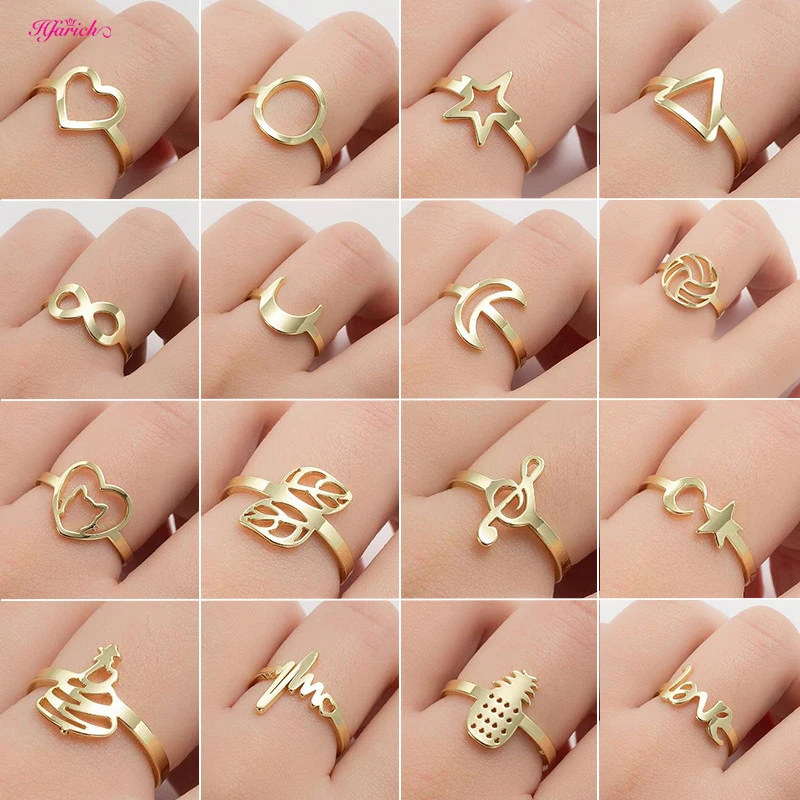 Stainless Steel Round Triangle Moon Star Heart Sea Wave Music Notes ECG Tree Leaf Adjustable Rings Jewelry Gift For Women Girls