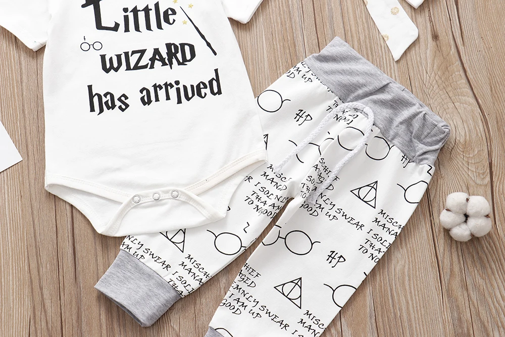 2023 New Infant Baby Clothing Set Little Wizard Has Arrived Letter Print Romper+Pants+Hat 3PCS Babe Outfit