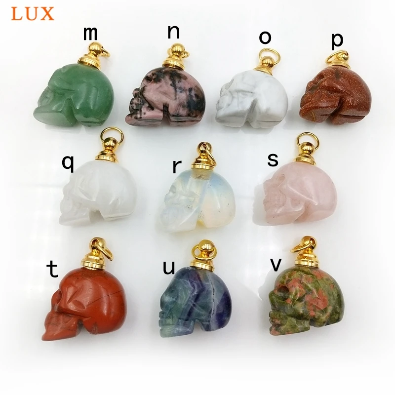 Natural Gemstone Skull Pendant, Crystal Perfume Bottle Essential Oil Diffuser Vial, Stone Handmade Carvings Malachite Amethyst